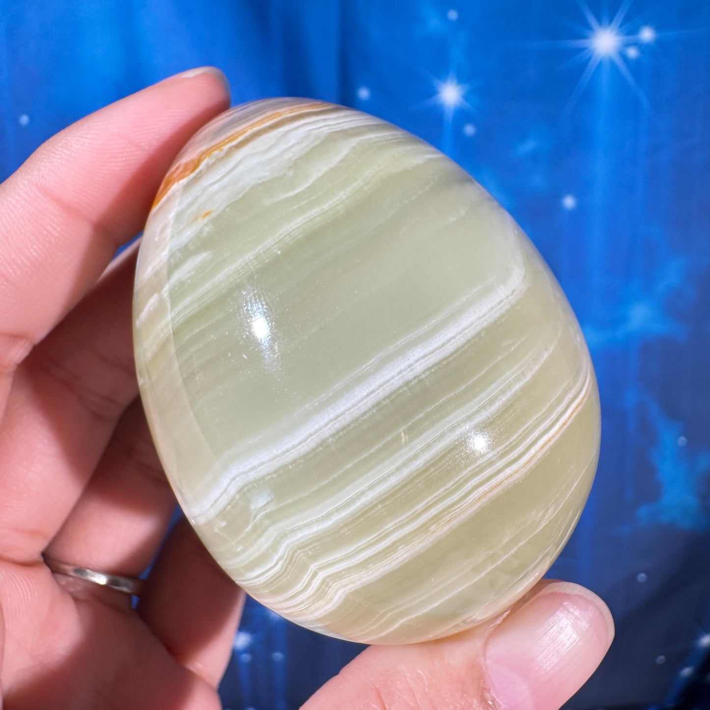 Green banded calcite egg - 2" × 2" × 2 5/8" - 8.8 oz