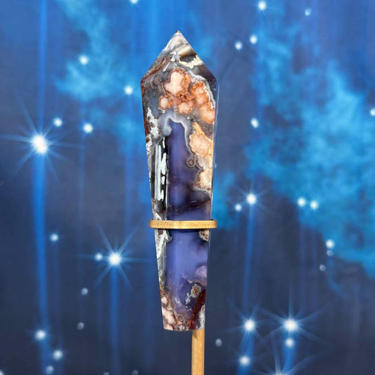 Flower agate wand with stand, dyed - 1 3/8" × 1 1/8" × 4 3/4" - 8 oz