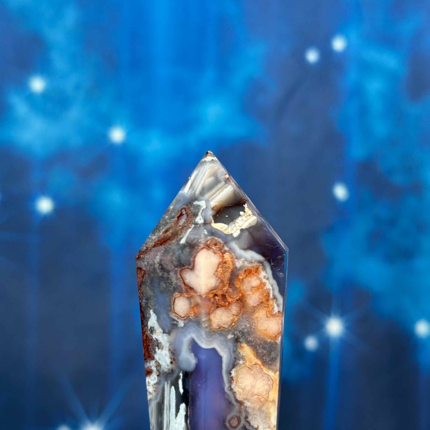 Flower agate wand with stand, dyed - 1 3/8" × 1 1/8" × 4 3/4" - 8 oz