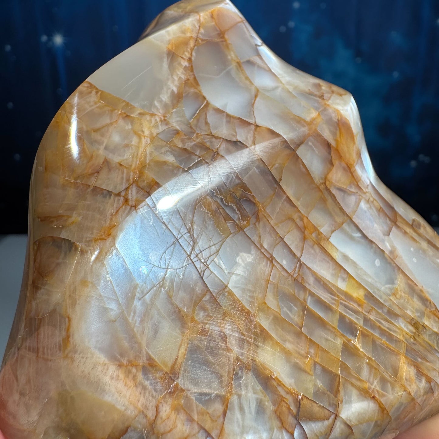 Flashy black and peach moonstone flame - 3 3/8 × 1 5/8 × 3 5/8 in - 1 lb 0.4 oz