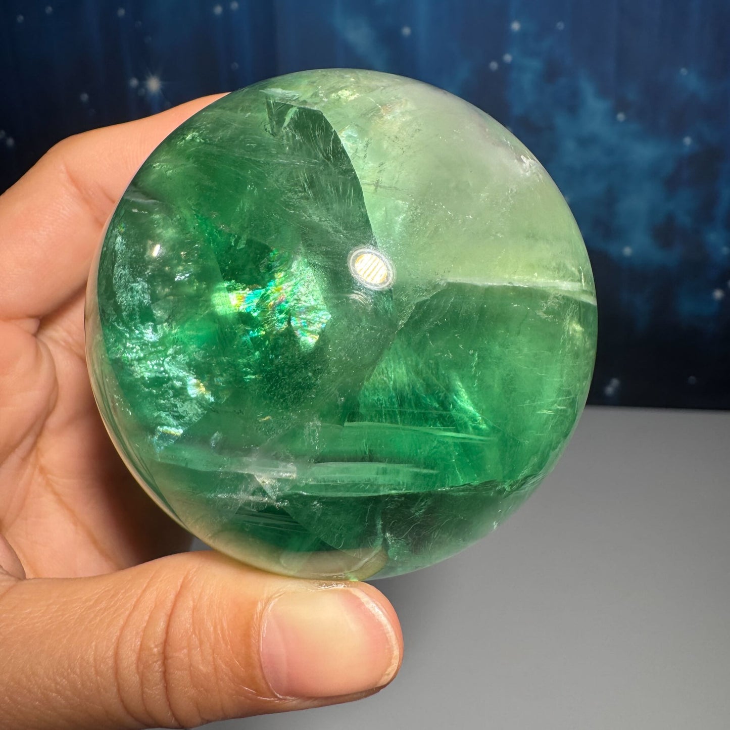 Green Fluorite sphere | lots of rainbows
