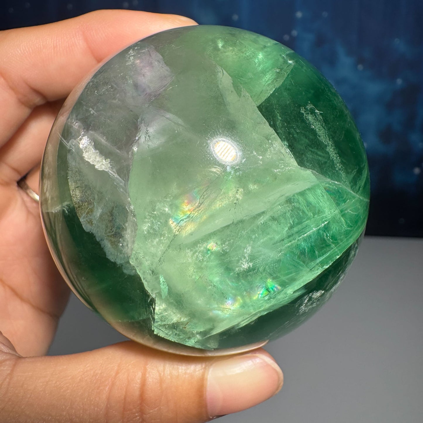 Green Fluorite sphere | lots of rainbows