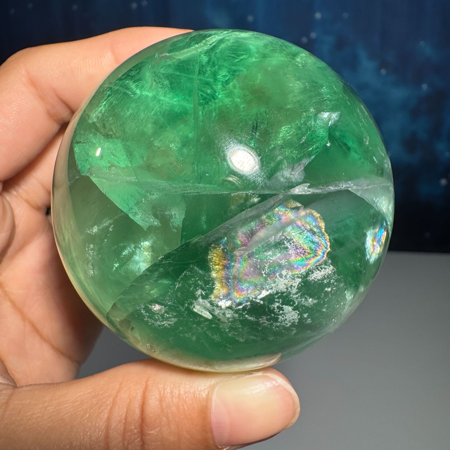 Green Fluorite sphere | lots of rainbows