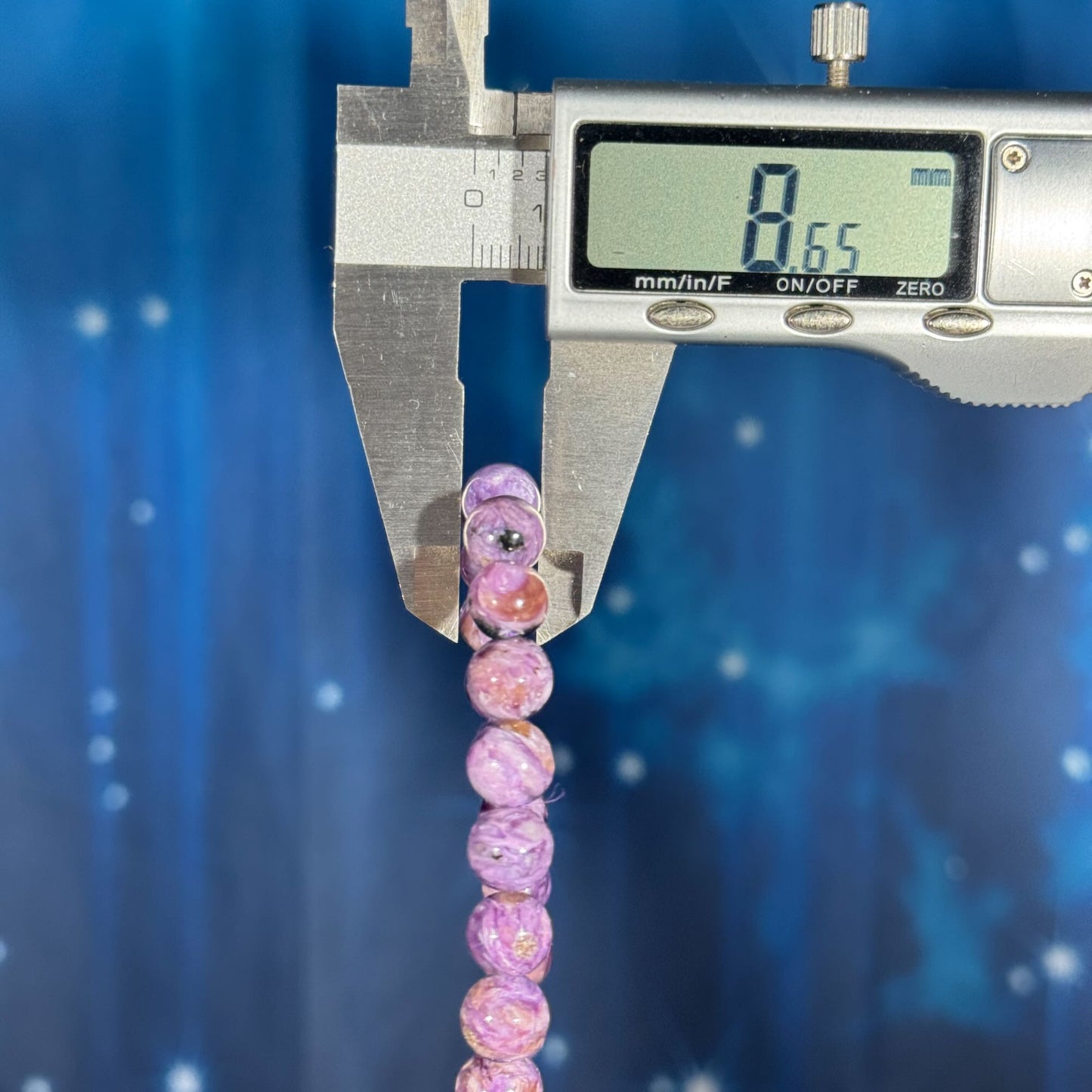 One (1) charoite bracelet - 8mm beads, fits 6.25" wrist - flashy