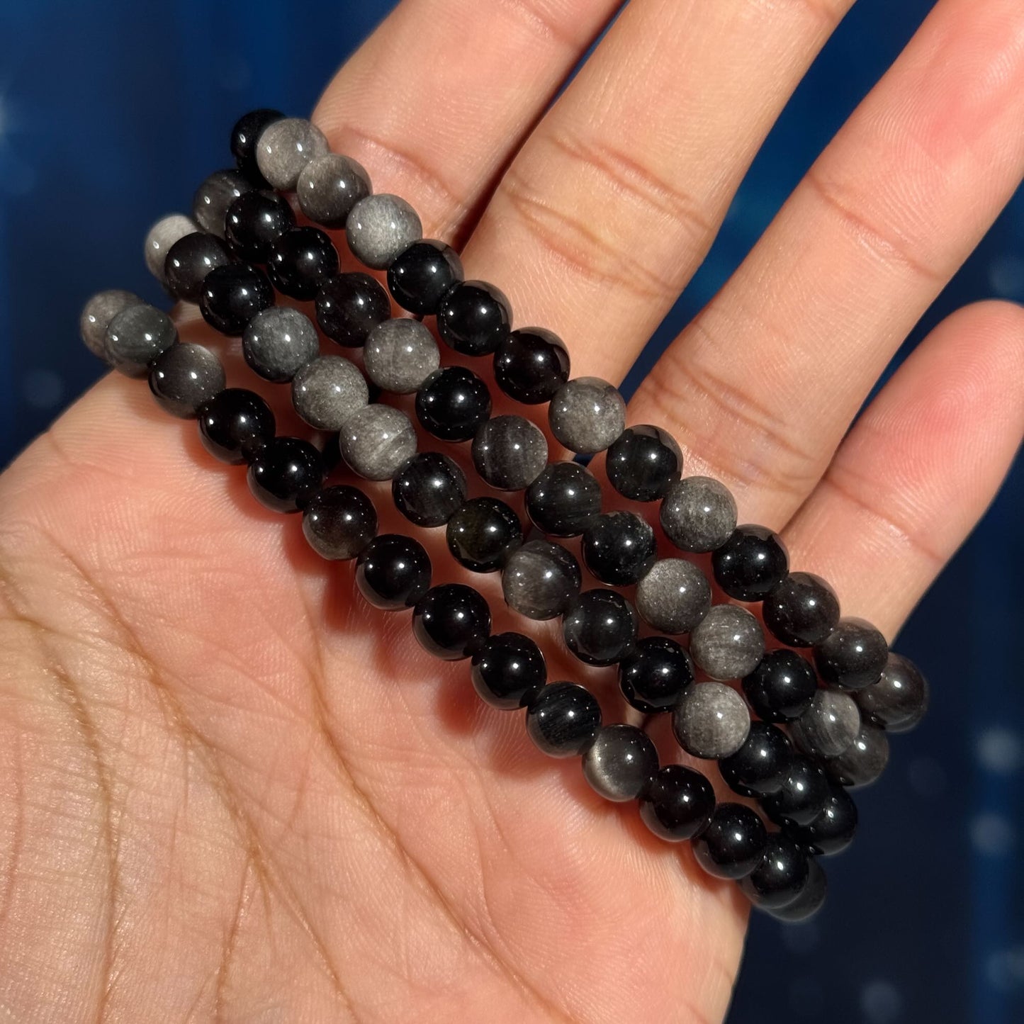One (1) Silver Sheen Obsidian bracelet | stretchy | 6mm beads | Flashy