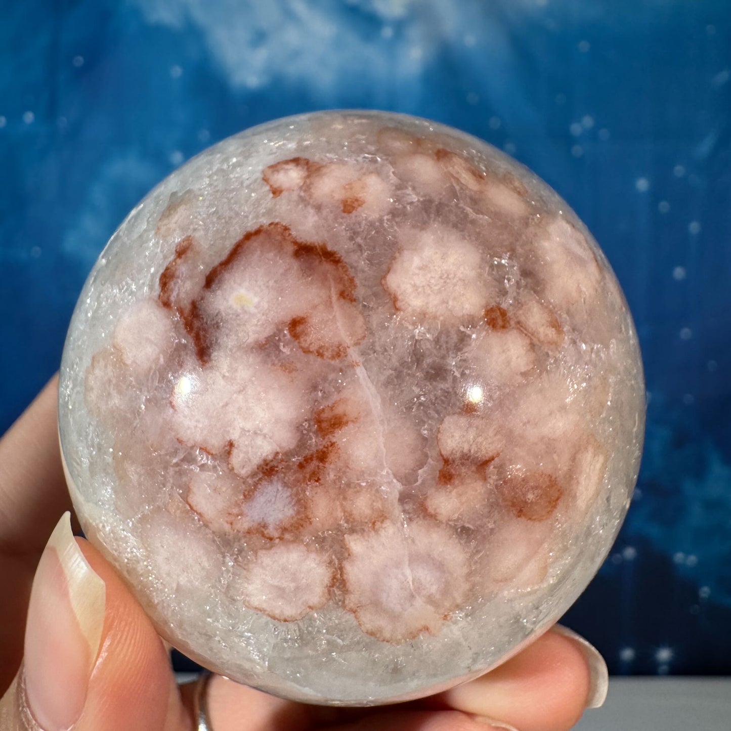 Flower Agate in Quartz Sphere – 0.414 kg