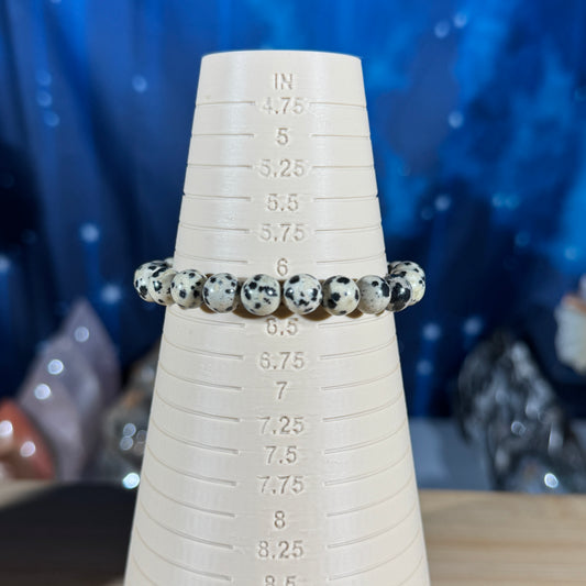 One (1) Dalmatian Stone bracelet - 8mm beads - fits 6.25" wrist