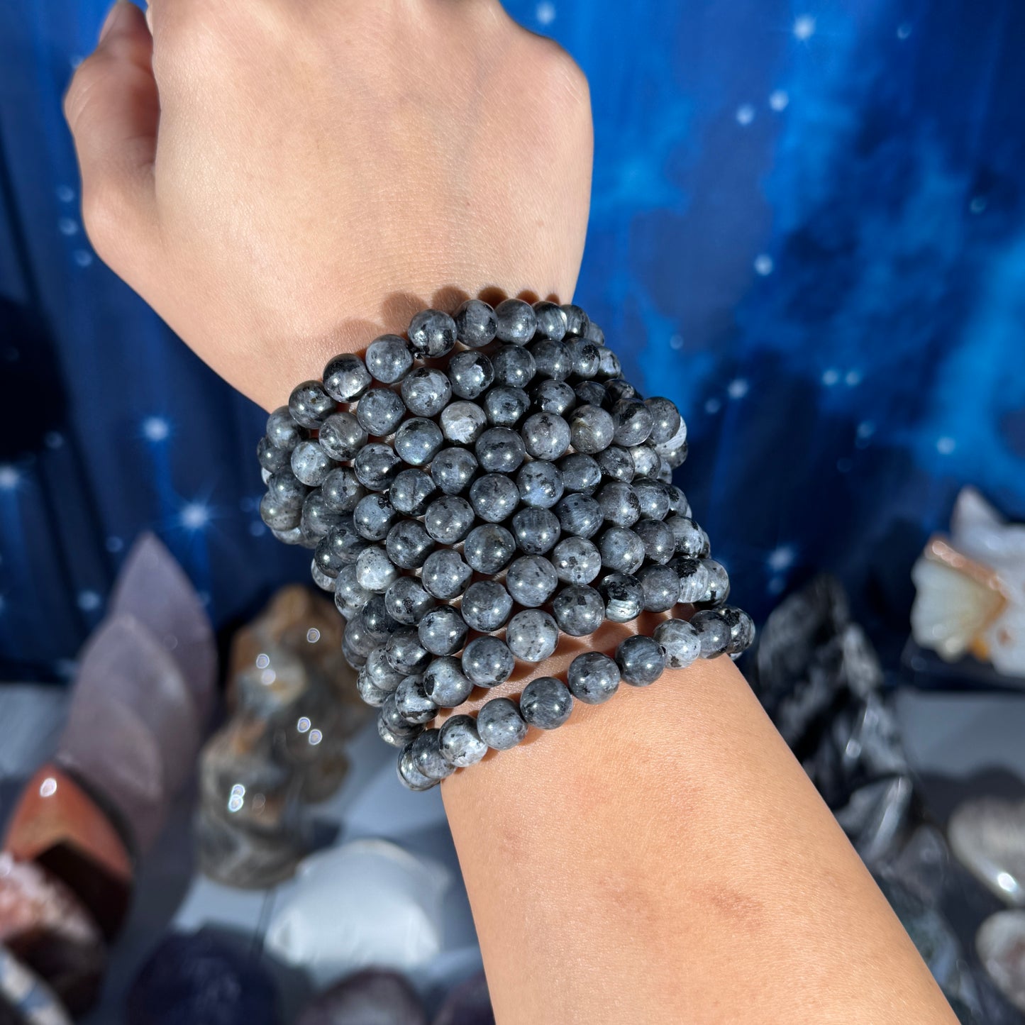 One (1) Larvikite bracelet - 8mm beads - fits 6.75" wrist