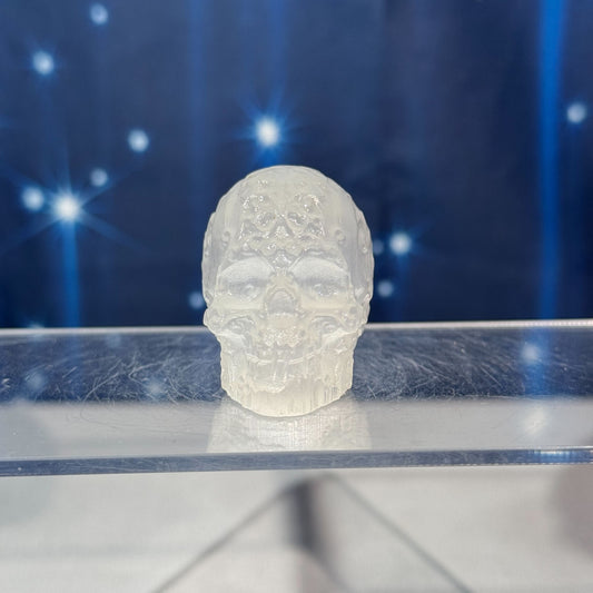 Engraved Satin Spar Skull – 0.057 kg