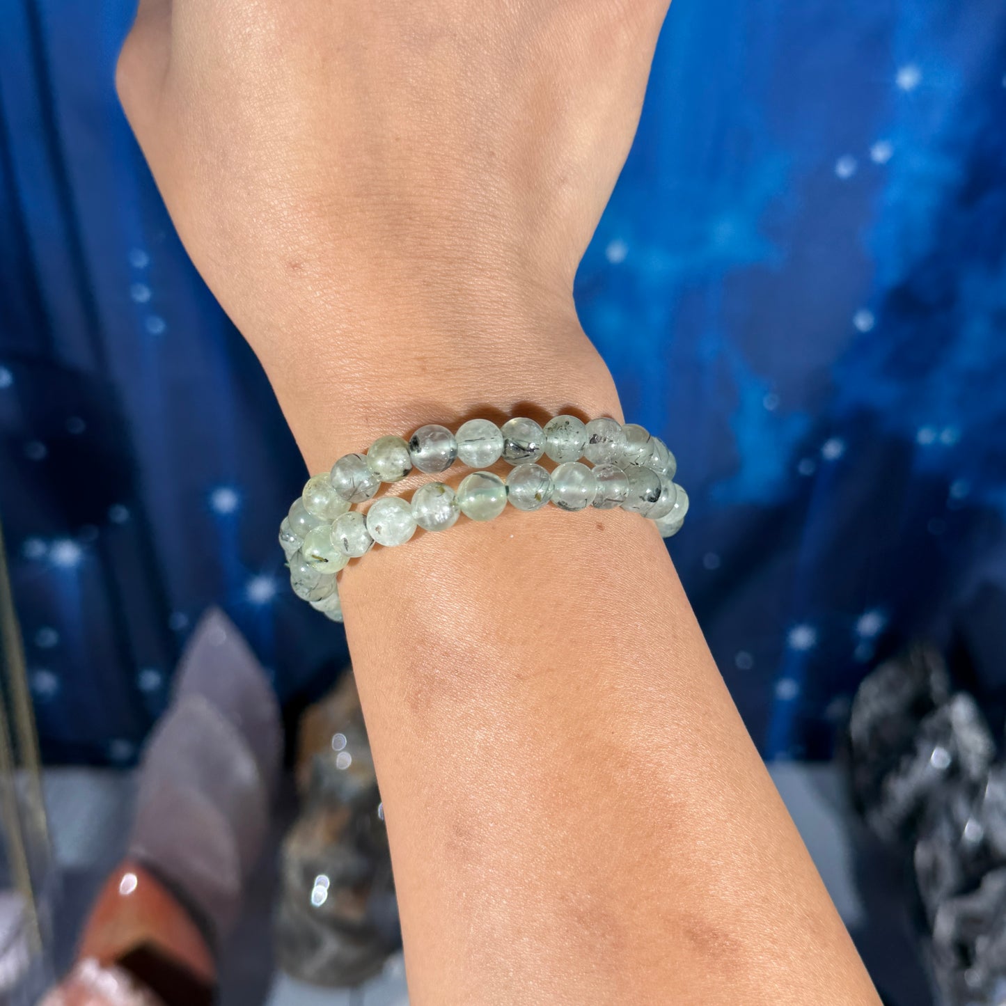 One (1) Prehnite bracelet - 7mm beads - fits 6.5" wrist