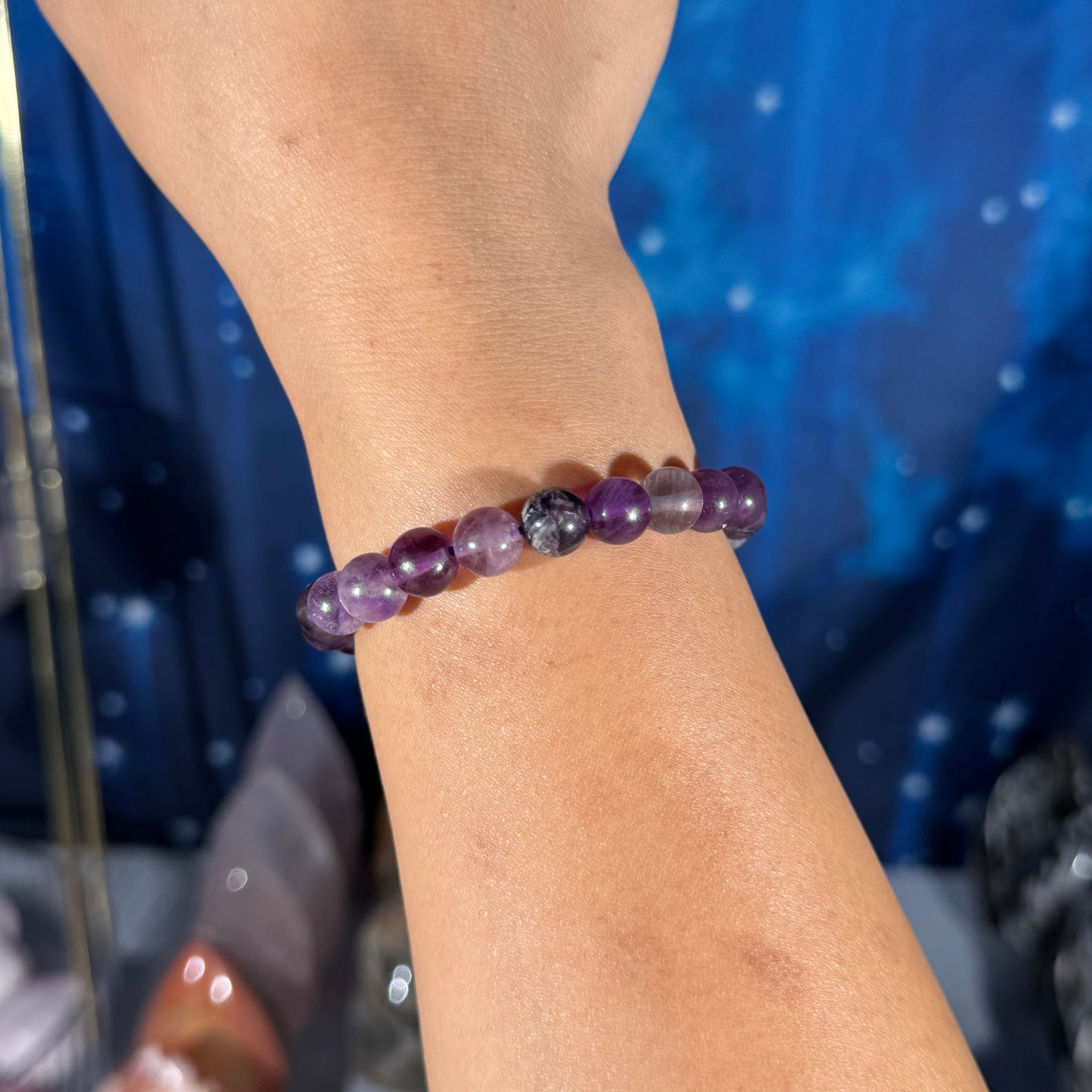 One (1) Rainbow Fluorite bracelet - 8mm beads - fits 6.25" wrist - low-grade