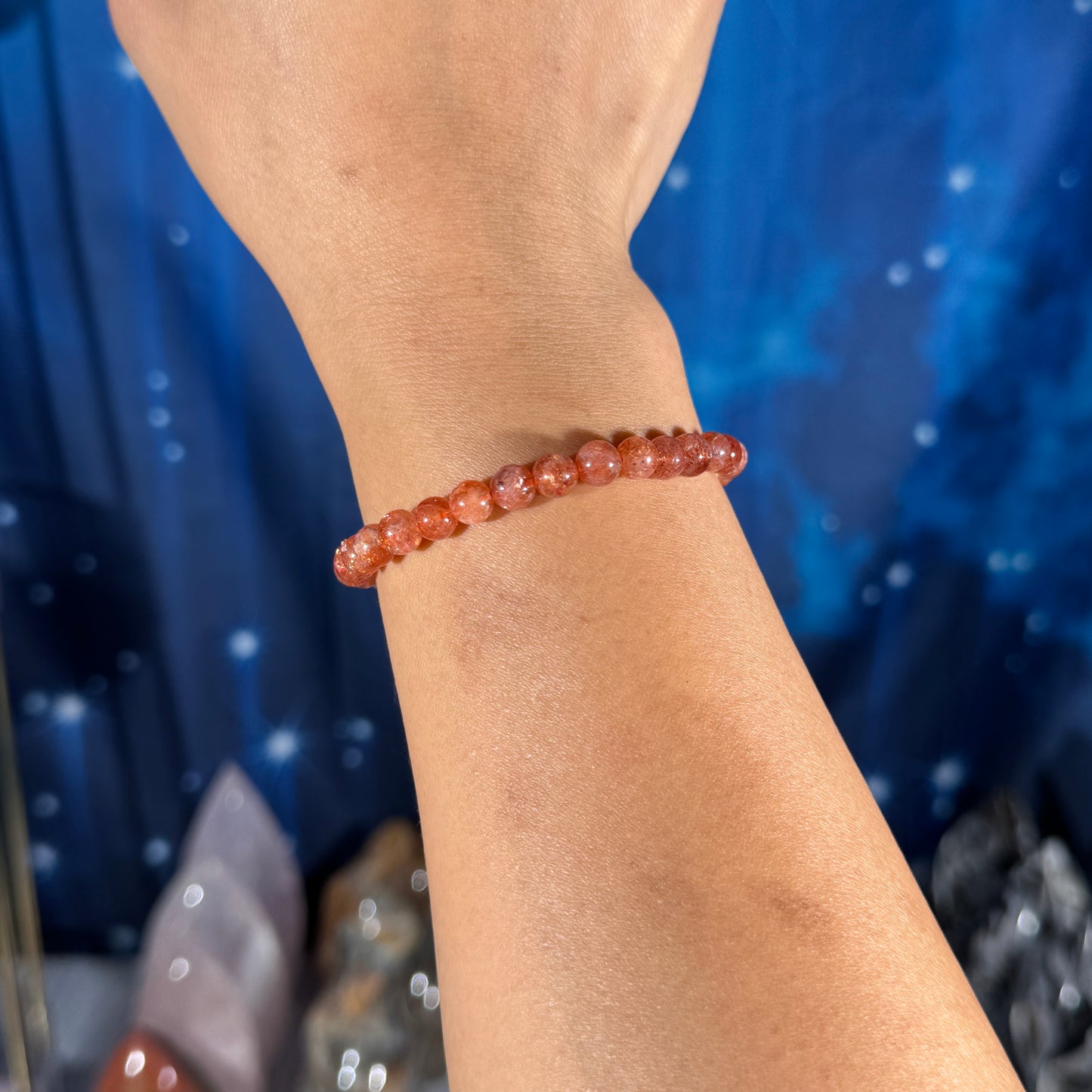 One (1) Sunstone bracelet - 6mm beads - fit 6.25" wrist - super flashy
