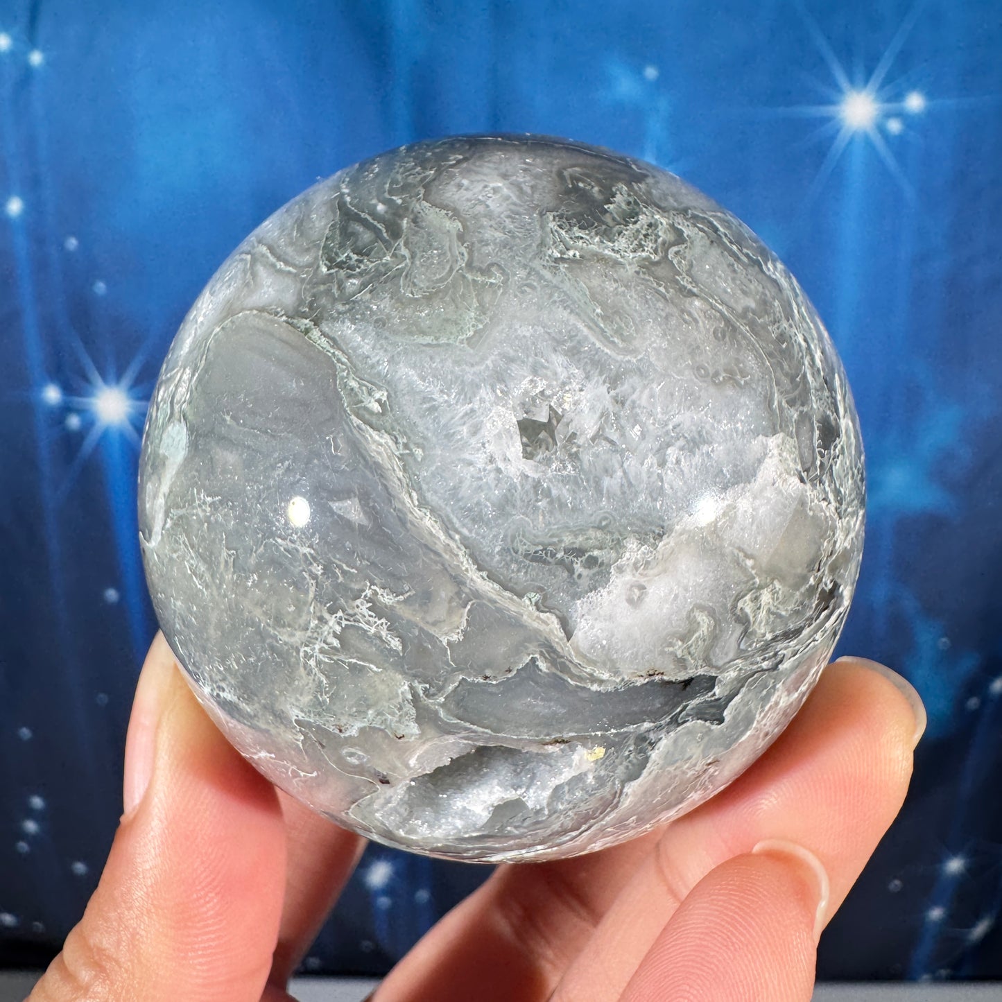 Moss agate sphere - 65mm - 12.7 oz