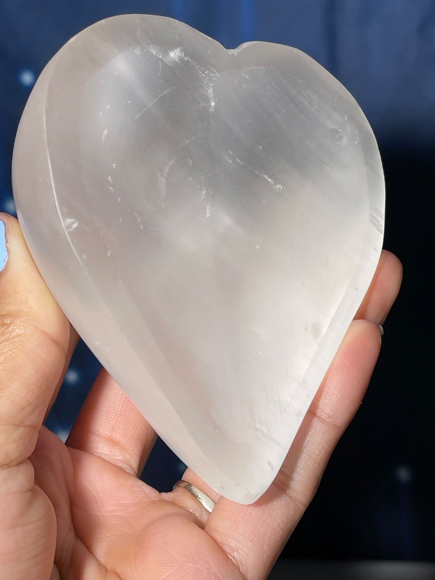 Satin Spar trinket dish | 3 1/2" long | 281 grams | heart dish | shallow trinket dish | Selenite Satin Spar