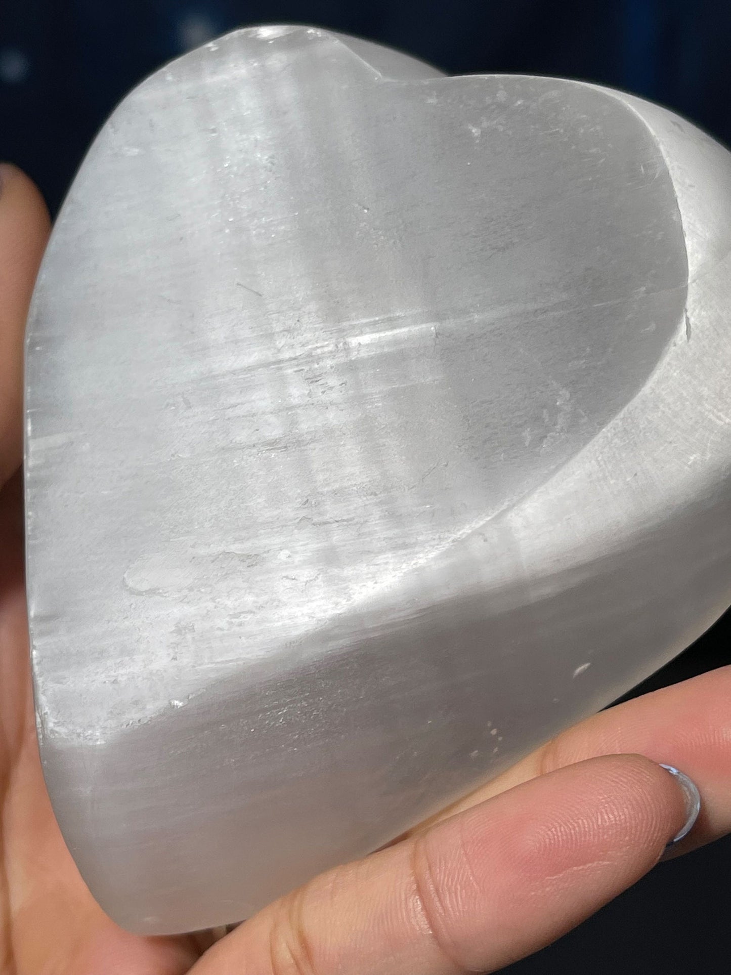 Satin Spar trinket dish | 3 1/2" long | 281 grams | heart dish | shallow trinket dish | Selenite Satin Spar