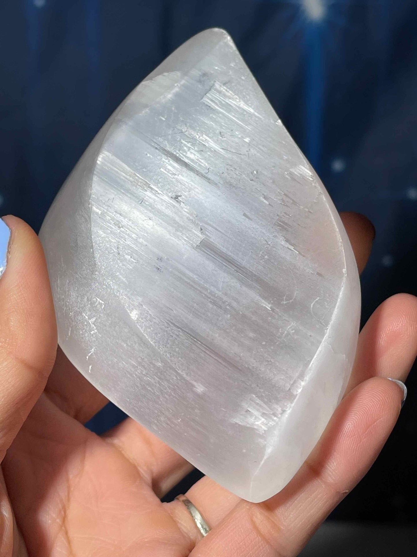 Satin Spar trinket dish | 4 3/8" long | 221 grams | leaf dish | shallow trinket dish | Selenite Satin Spar