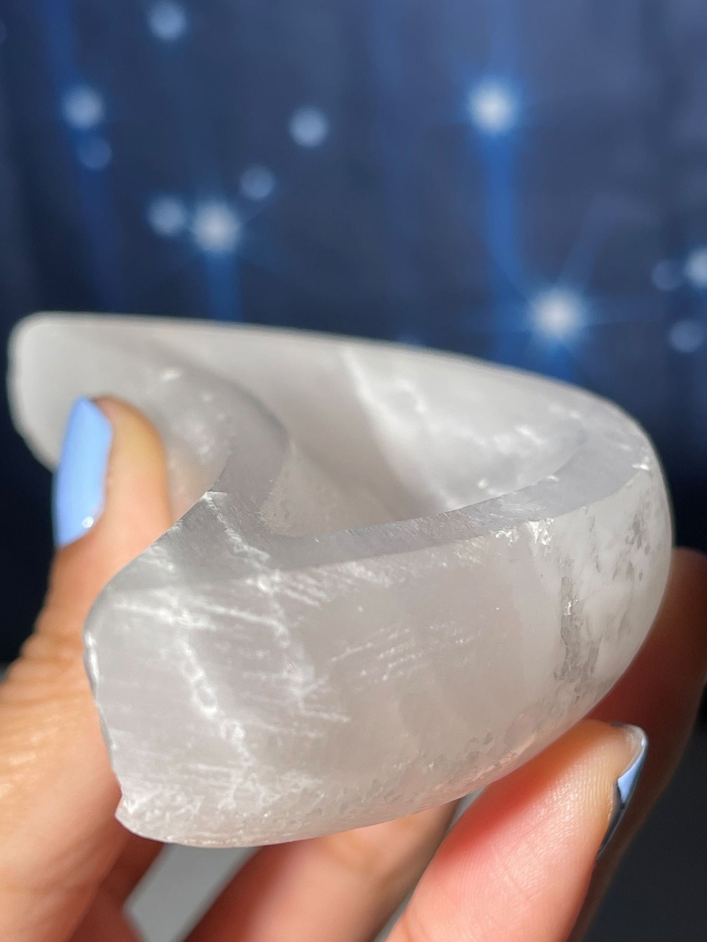 Satin Spar trinket dish | 4 1/2" long | 159 grams | crescent moon dish | crescent moon bowl