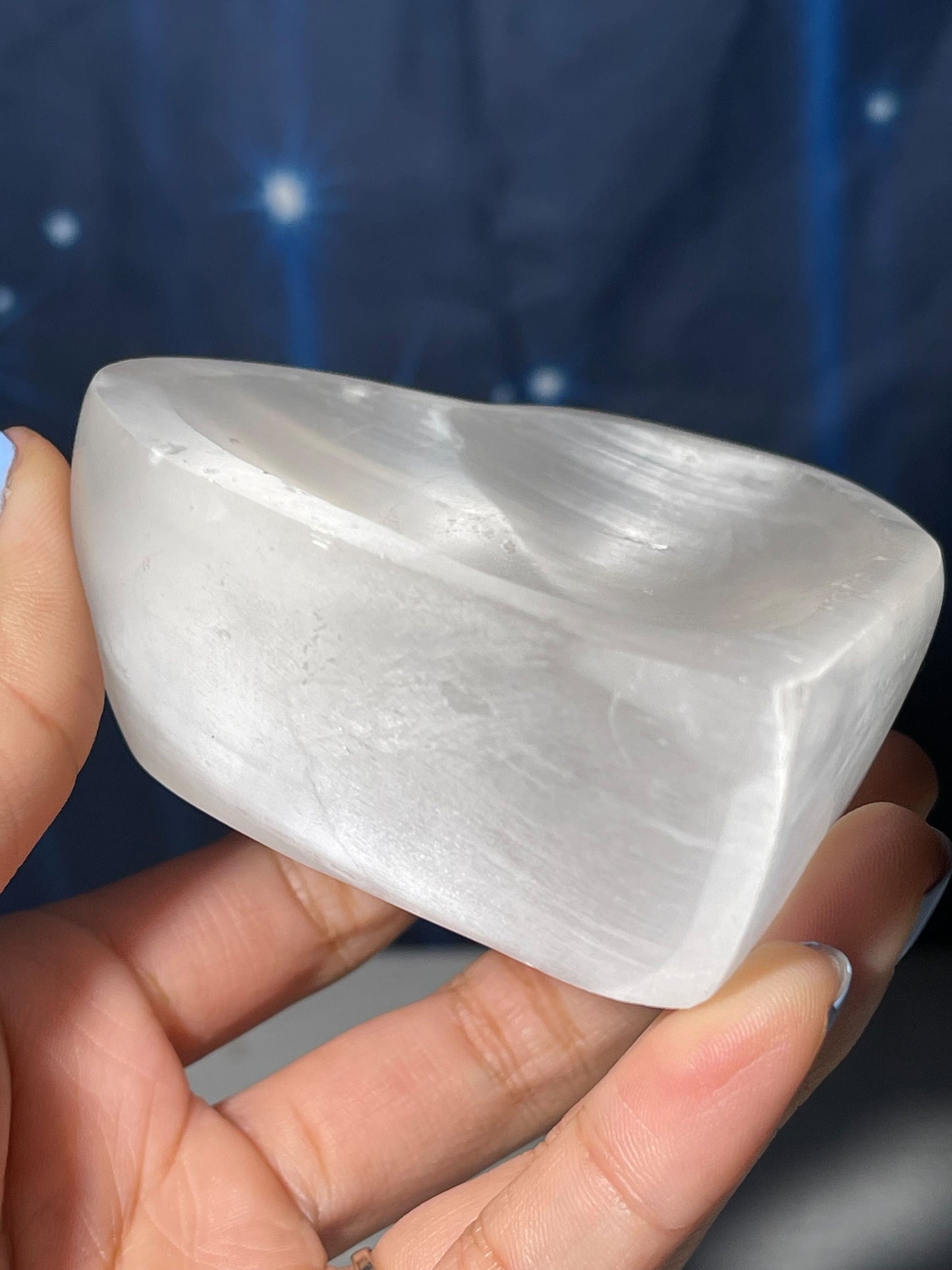 Satin Spar trinket dish | 3 1/2" long | 281 grams | heart dish | shallow trinket dish | Selenite Satin Spar