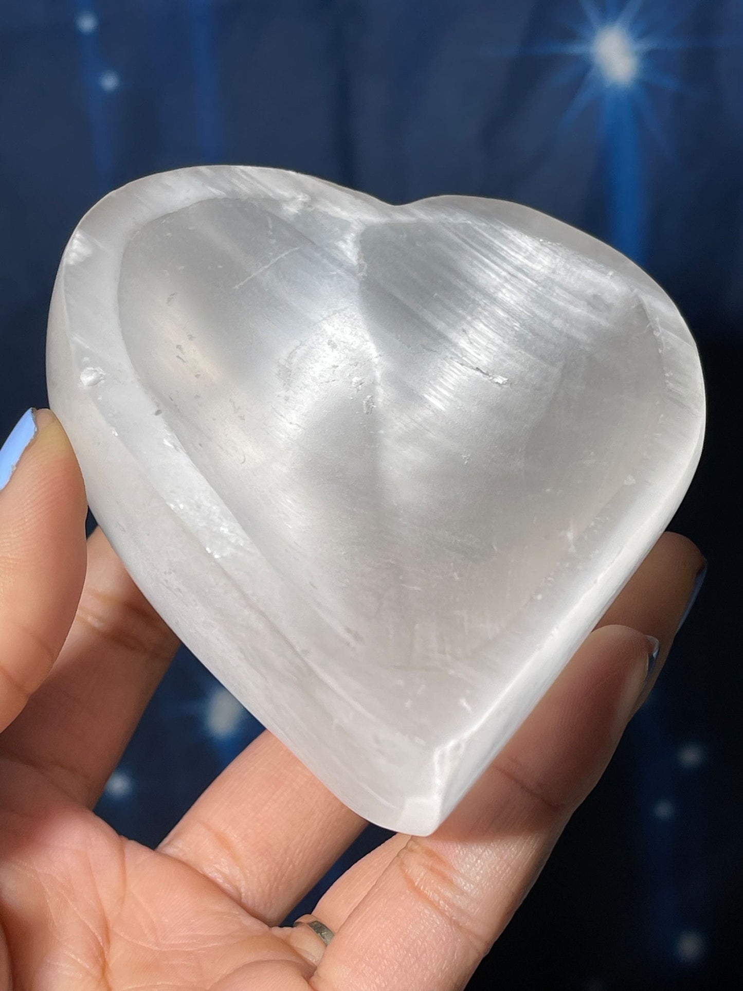 Satin Spar trinket dish | 3 1/2" long | 281 grams | heart dish | shallow trinket dish | Selenite Satin Spar