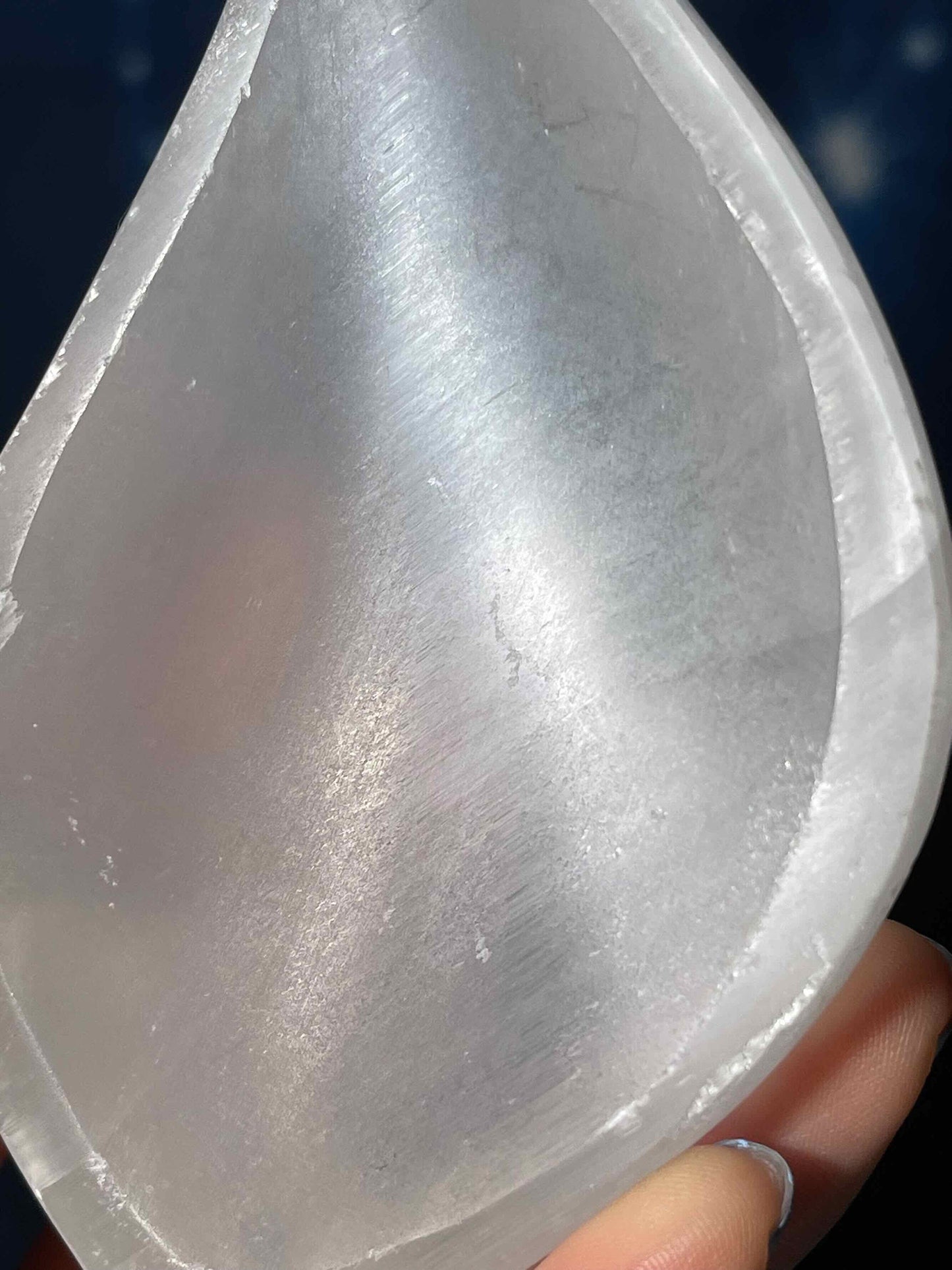 Satin Spar trinket dish | 4 3/8" long | 221 grams | leaf dish | shallow trinket dish | Selenite Satin Spar