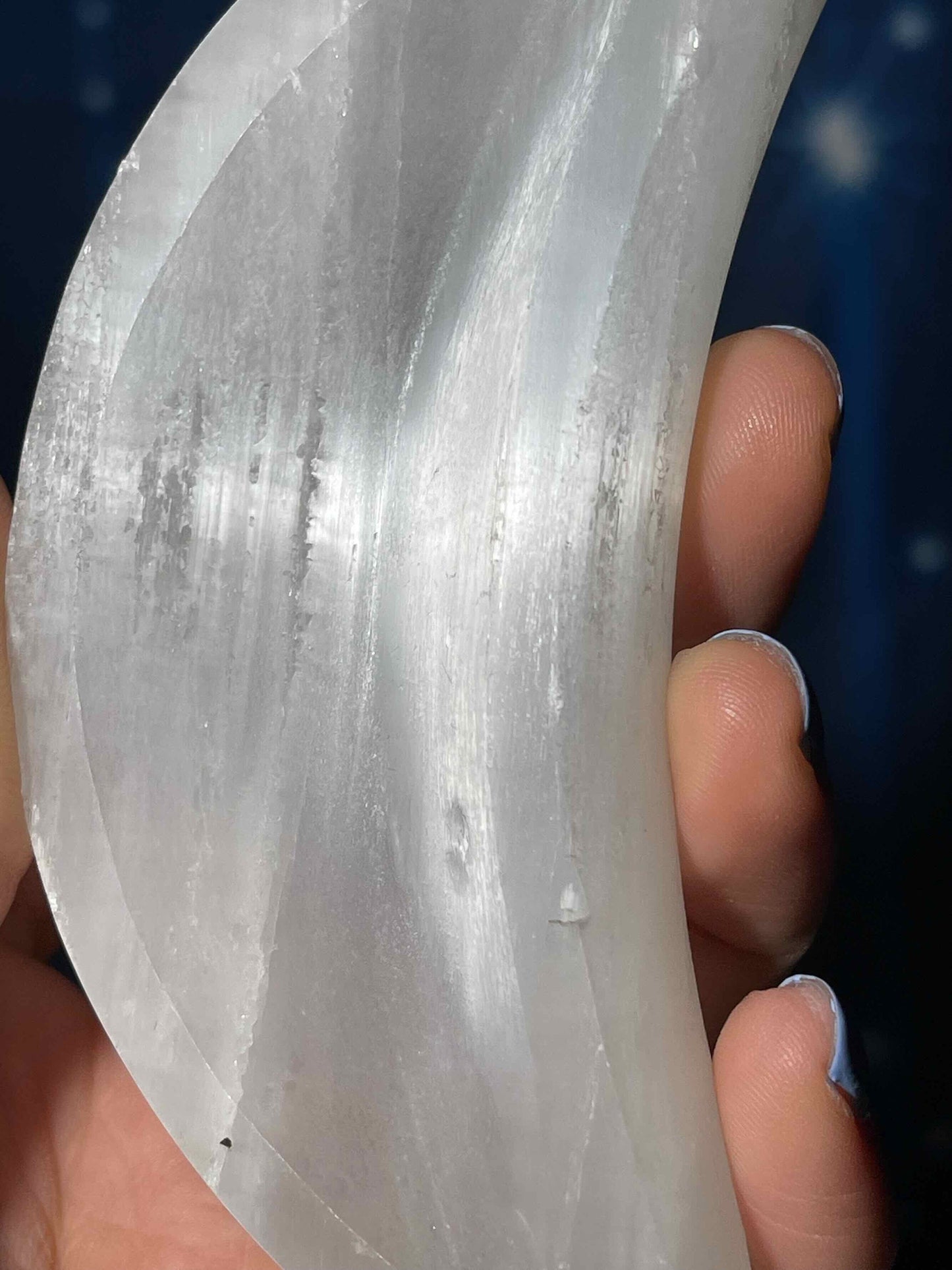 Satin Spar trinket dish | 4 1/2" long | 159 grams | crescent moon dish | crescent moon bowl
