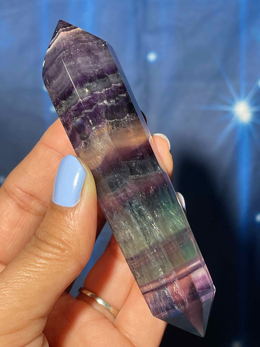 Rainbow Fluorite DT | 4 1/8" long | 105 grams | double termination | beautiful subtle rainbows | shimmery rainbows | Damage Discount