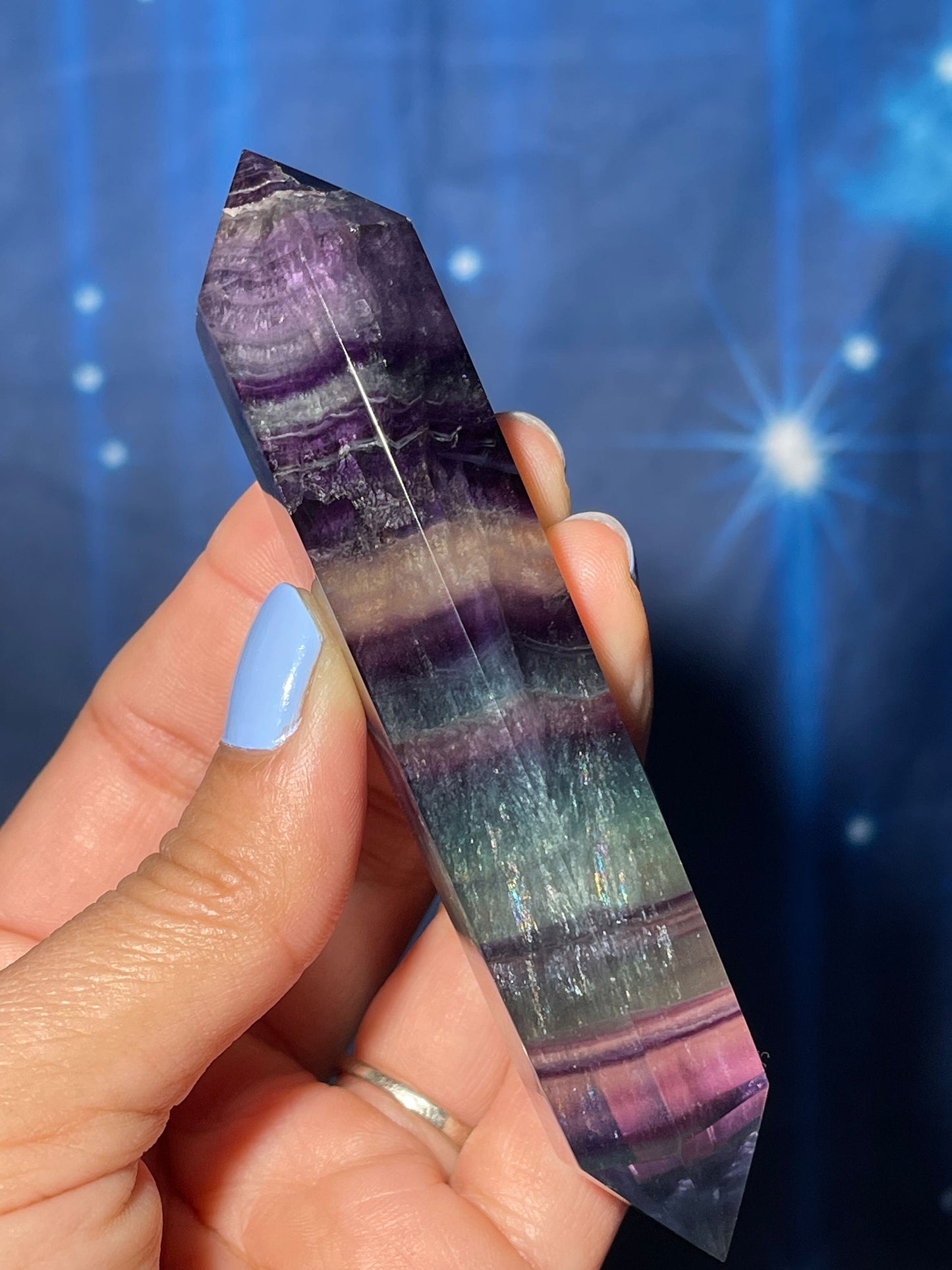 Rainbow Fluorite DT | 4 1/8" long | 105 grams | double termination | beautiful subtle rainbows | shimmery rainbows | Damage Discount