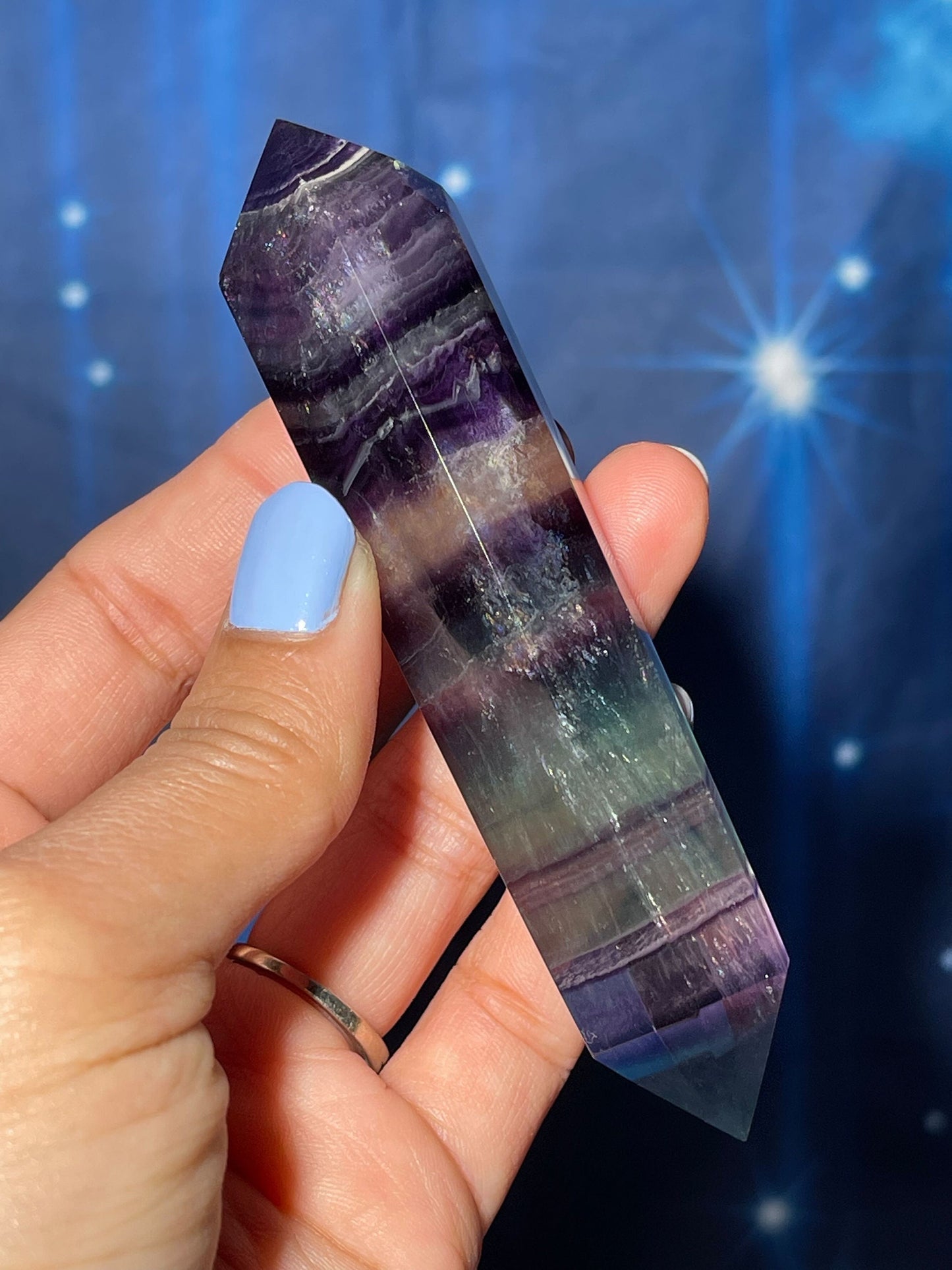 Rainbow Fluorite DT | 4 1/8" long | 105 grams | double termination | beautiful subtle rainbows | shimmery rainbows | Damage Discount