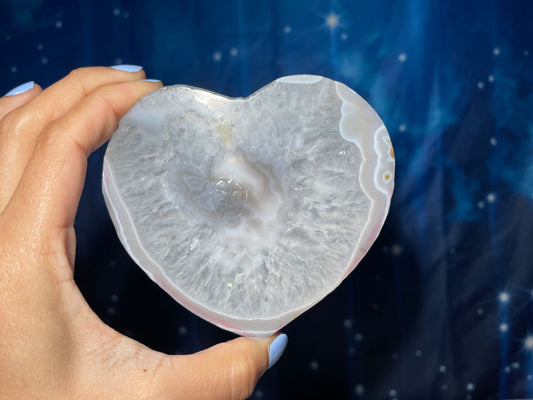 Druzy Agate heart carving | 4 1/4" long | 235 grams | Agate with Quartz | stand included