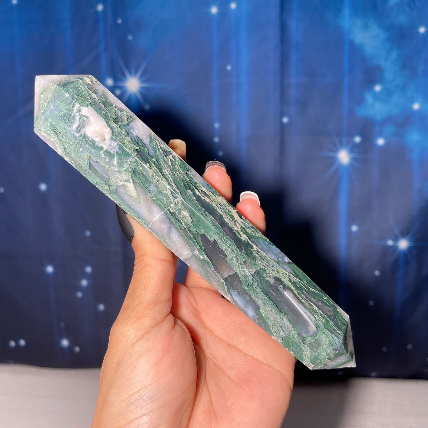 large Moss Agate DT | 7 7/8" long | 383 grams | Damage Discount | gorgeous Moss Agate DT | double terminated | green Moss Agate DT