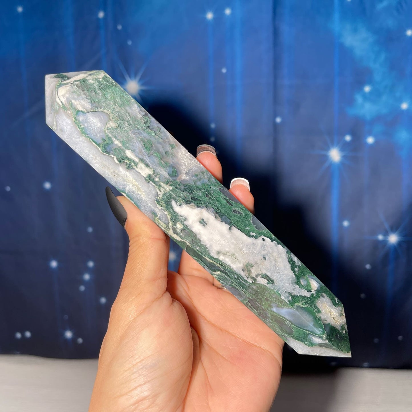 large Moss Agate DT | 7 7/8" long | 383 grams | Damage Discount | gorgeous Moss Agate DT | double terminated | green Moss Agate DT