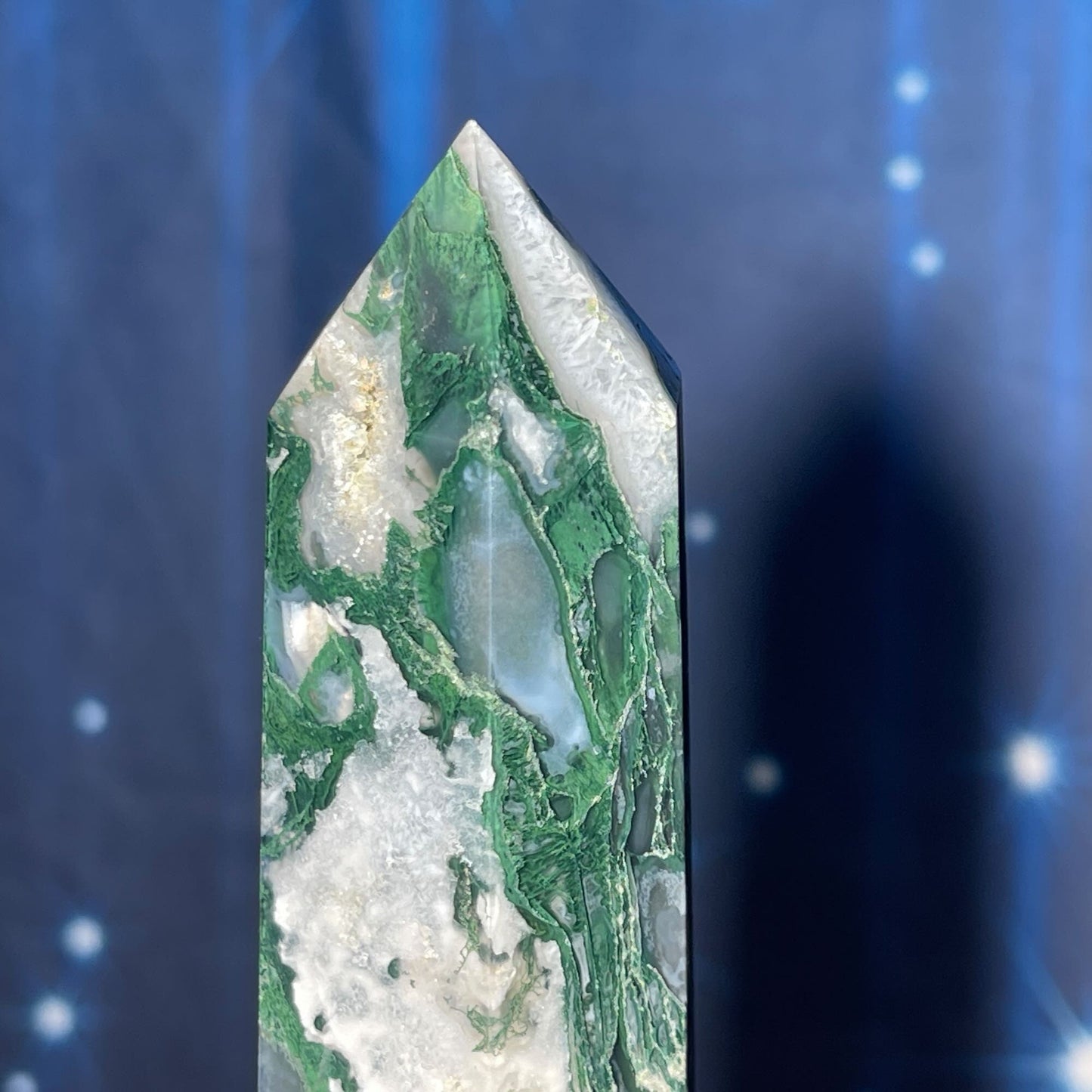 large Moss Agate DT | 7 7/8" long | 383 grams | Damage Discount | gorgeous Moss Agate DT | double terminated | green Moss Agate DT