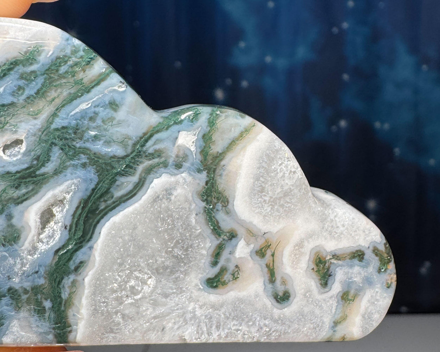 Moss Agate cloud | 3 3/8” long | 99 grams | DOES self-stand | dendrite inclusions