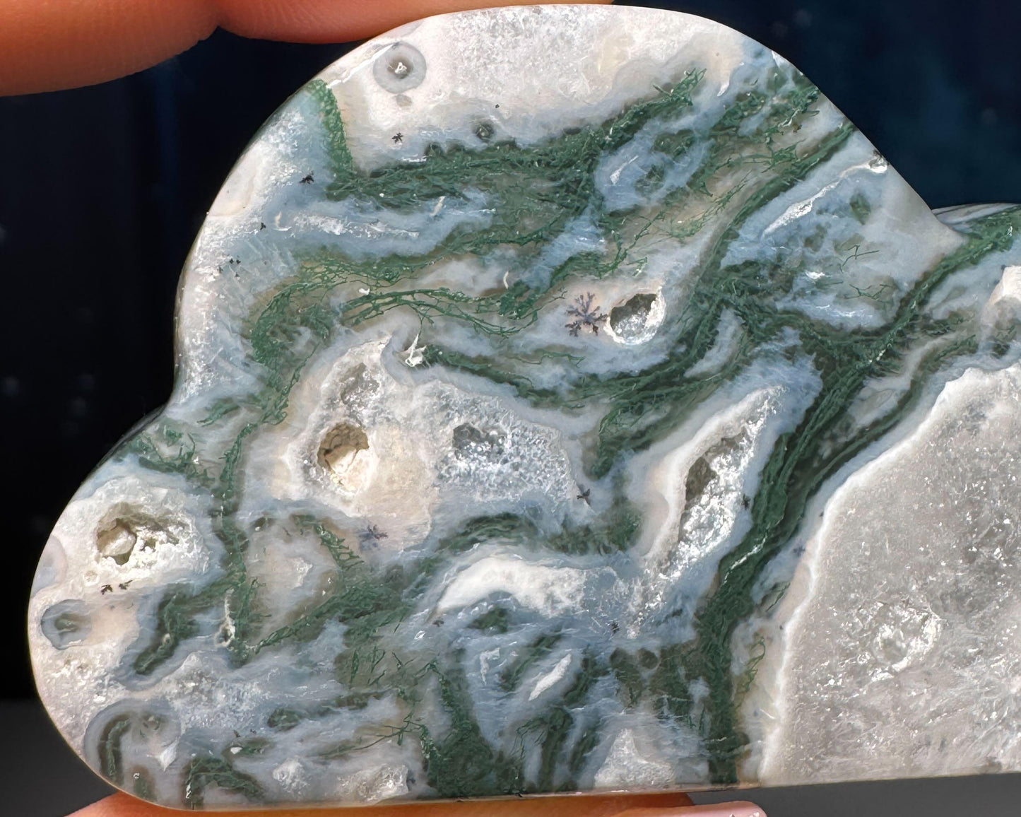 Moss Agate cloud | 3 3/8” long | 99 grams | DOES self-stand | dendrite inclusions
