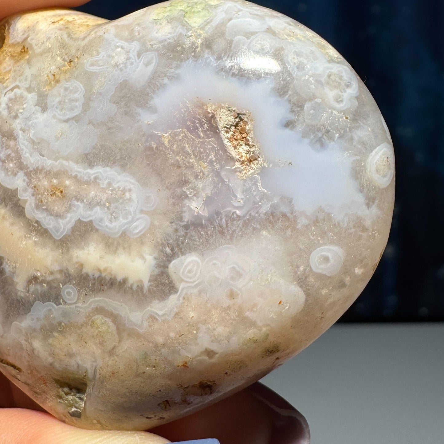 Flower Agate heart | 2 5/8" long | 111 grams | stand included | Damage Discount
