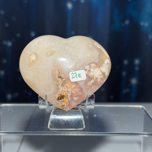 Flower Agate heart | 3" long | 218 grams | stand included | Damage Discount
