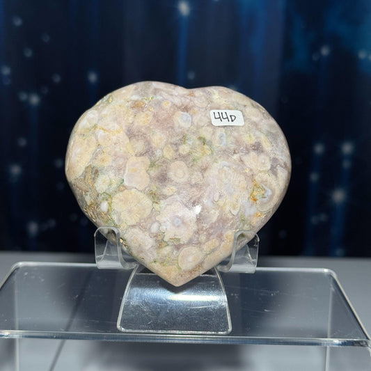 Flower Agate heart | 3 3/8" long | 354 grams | stand included | Damage Discount