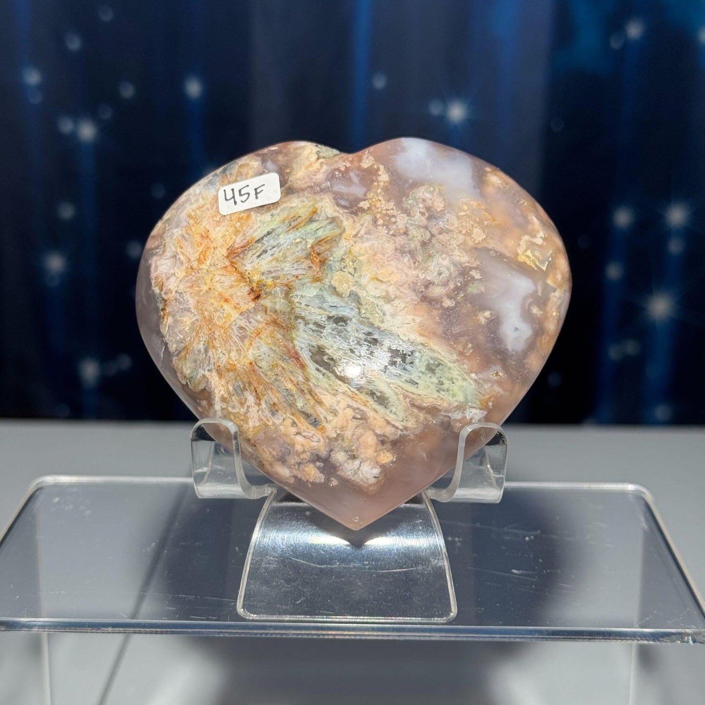Flower Agate heart | 3 1/2" long | 343 grams | stand included