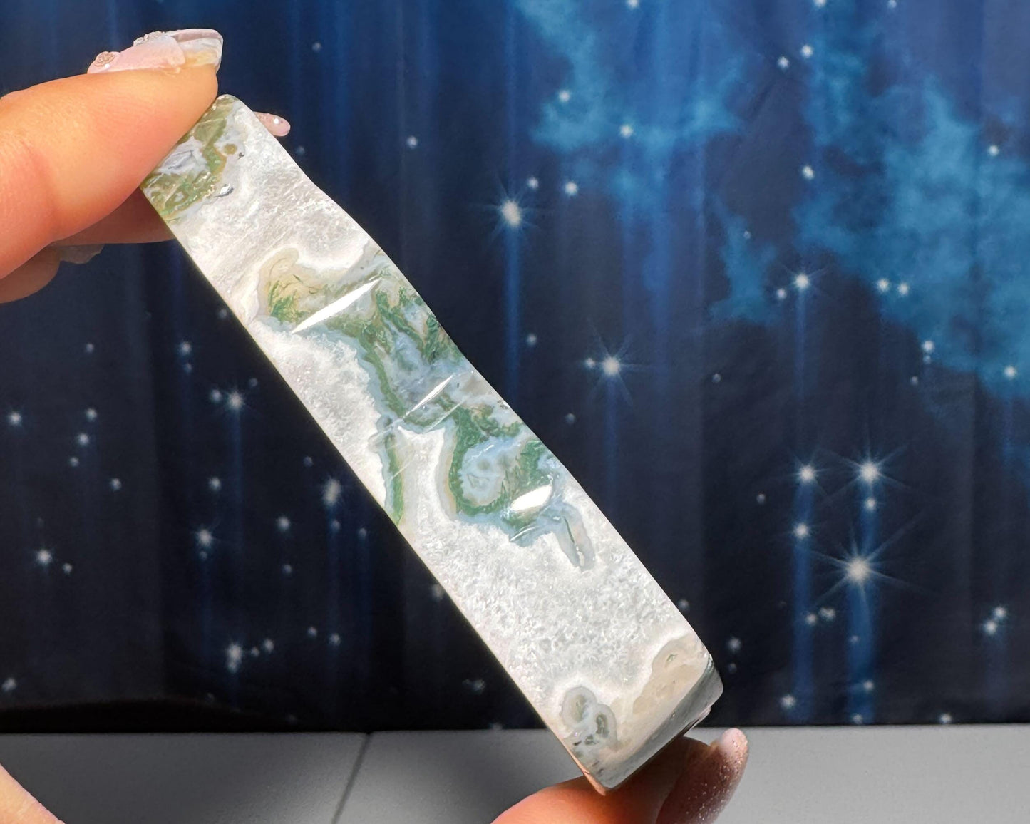 Moss Agate cloud | 3 3/8” long | 99 grams | DOES self-stand | dendrite inclusions