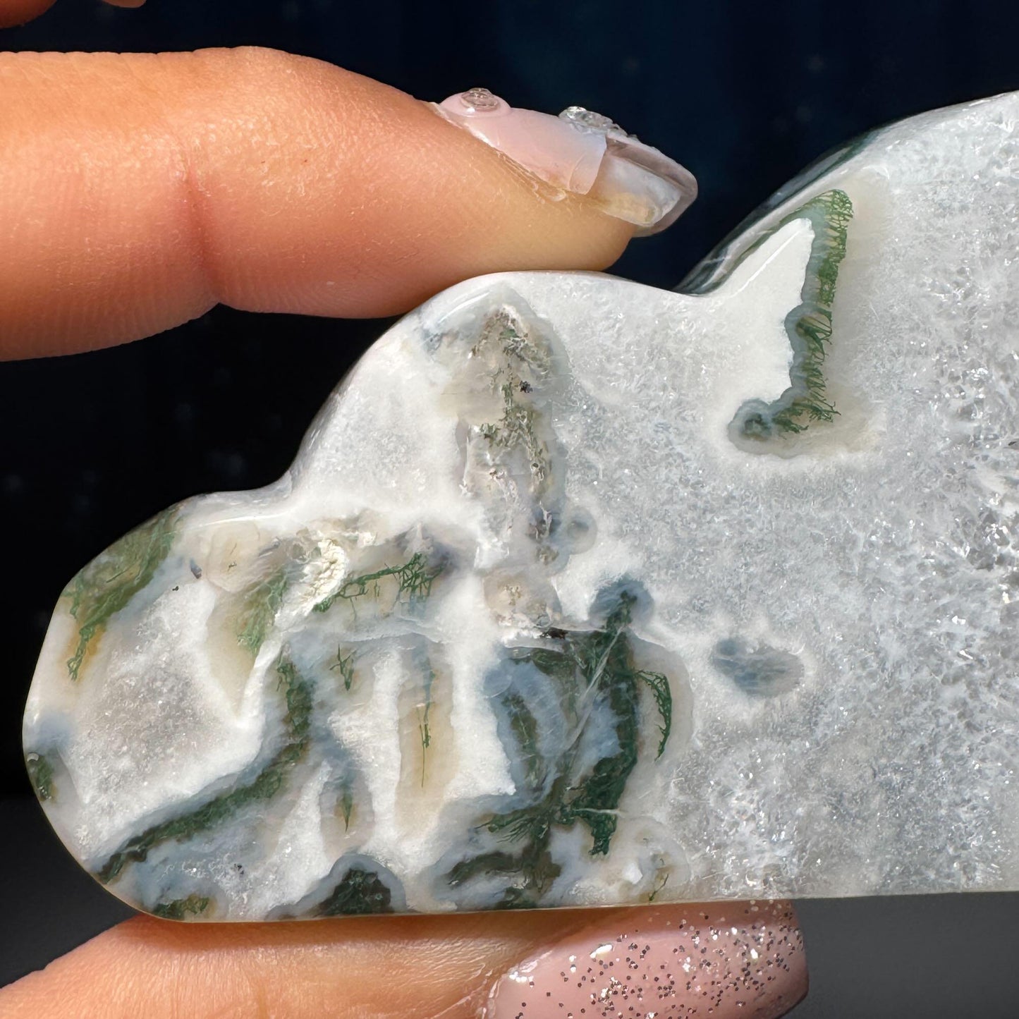 Moss Agate cloud | 3 3/8” long | 99 grams | DOES self-stand | dendrite inclusions