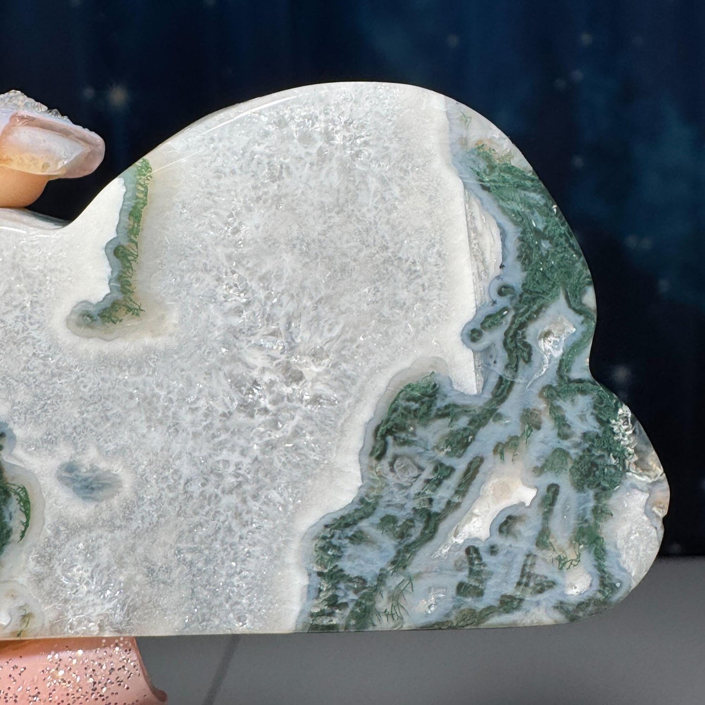 Moss Agate cloud | 3 3/8” long | 99 grams | DOES self-stand | dendrite inclusions