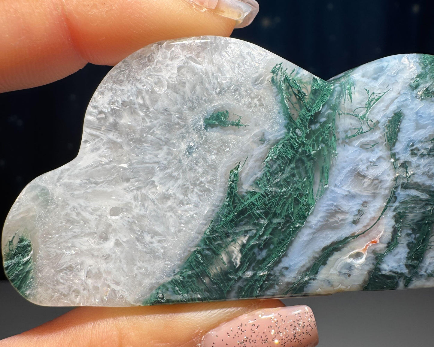 Moss Agate cloud | 3 3/4” long | 93 grams | DOES self-stand