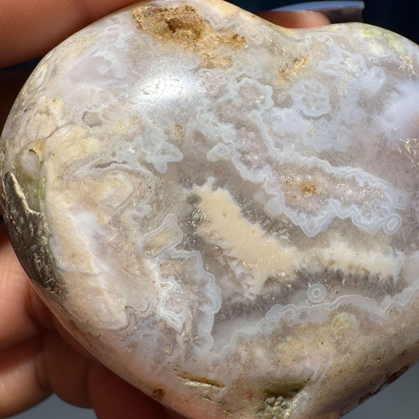 Flower Agate heart | 2 5/8" long | 111 grams | stand included | Damage Discount