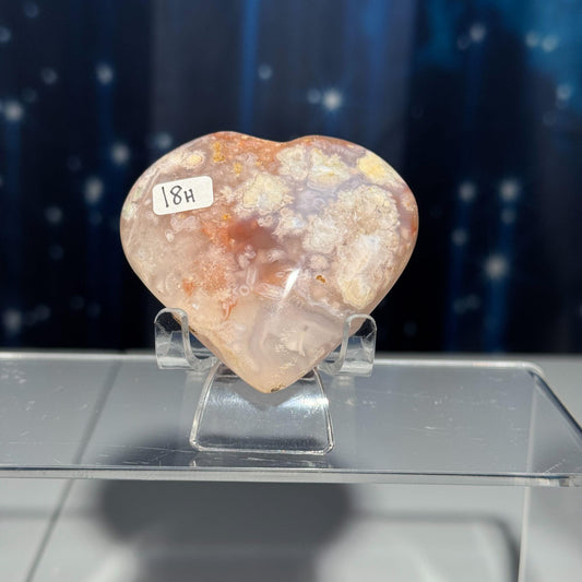 Flower Agate heart | 2 1/2" long | 128 grams | stand included | Damage Discount
