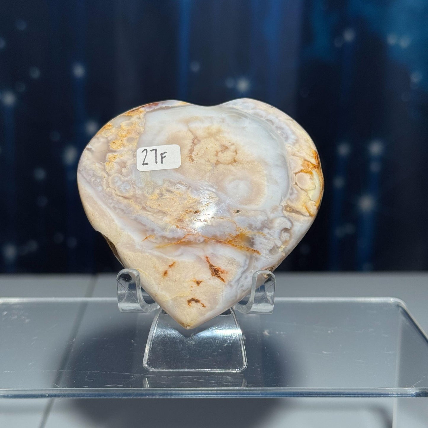Flower Agate heart | 2 7/8" long | 190 grams | stand included | Damage Discount