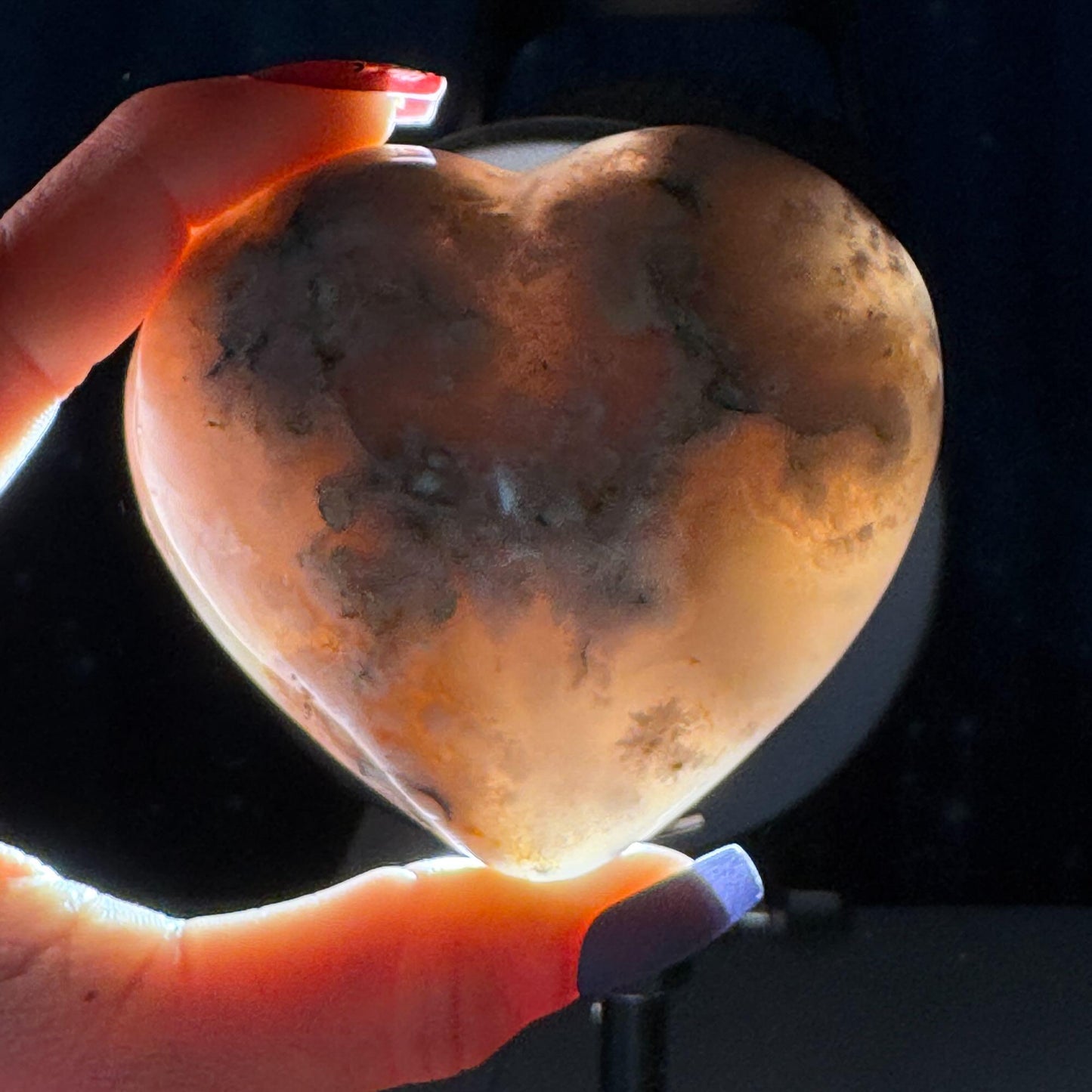 Flower Agate heart | 3" long | 315 grams | stand included | Damage Discount
