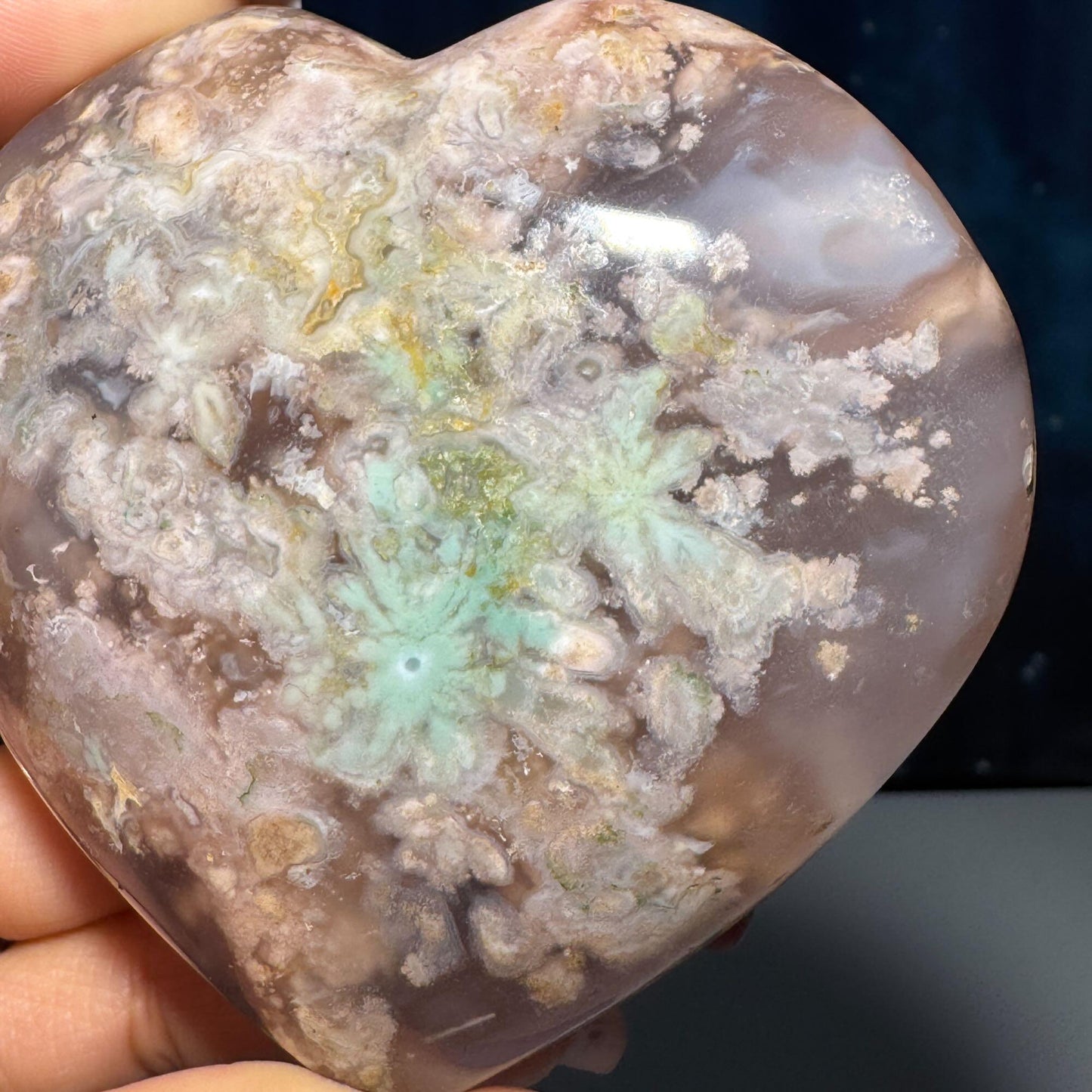 Flower Agate heart | 3 1/2" long | 343 grams | stand included