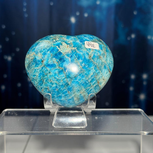 Blue Apatite heart | 3 1/8" wide | 334 grams | stand included | Damage Discount
