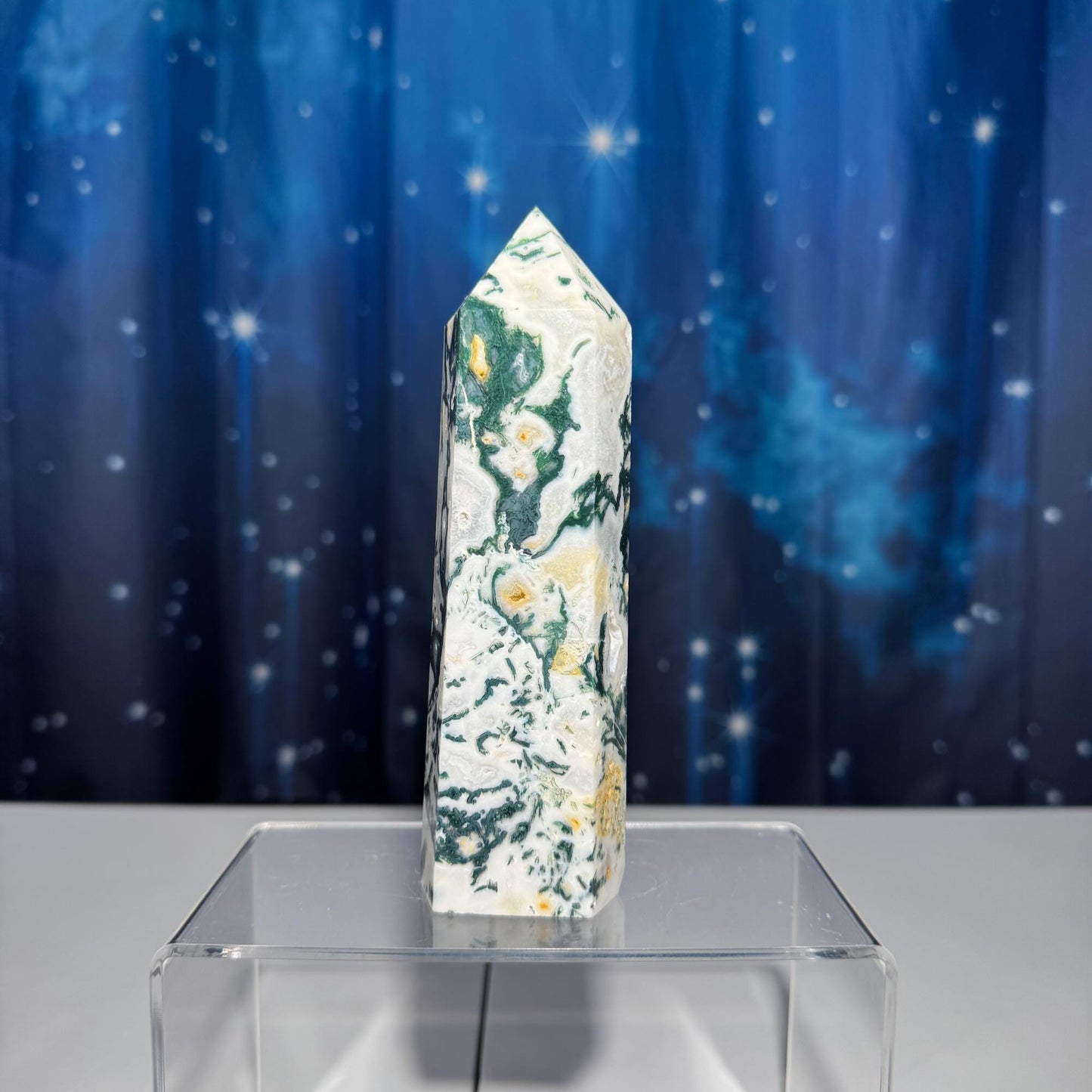 large Moss Agate tower | 6ā tall | 485 grams | with Druze | druzy pockets | milky Moss Agate | Quartz Moss Agate | Damage Discount