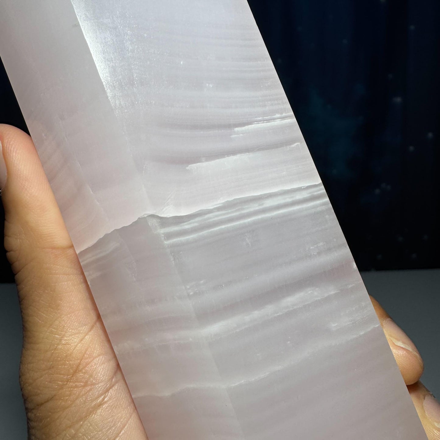 XL pink Mangano Calcite tower | 9 5/8ā tall | 1.443 kilograms | Damage Discount | UV reactive | pink Banded Calcite tower